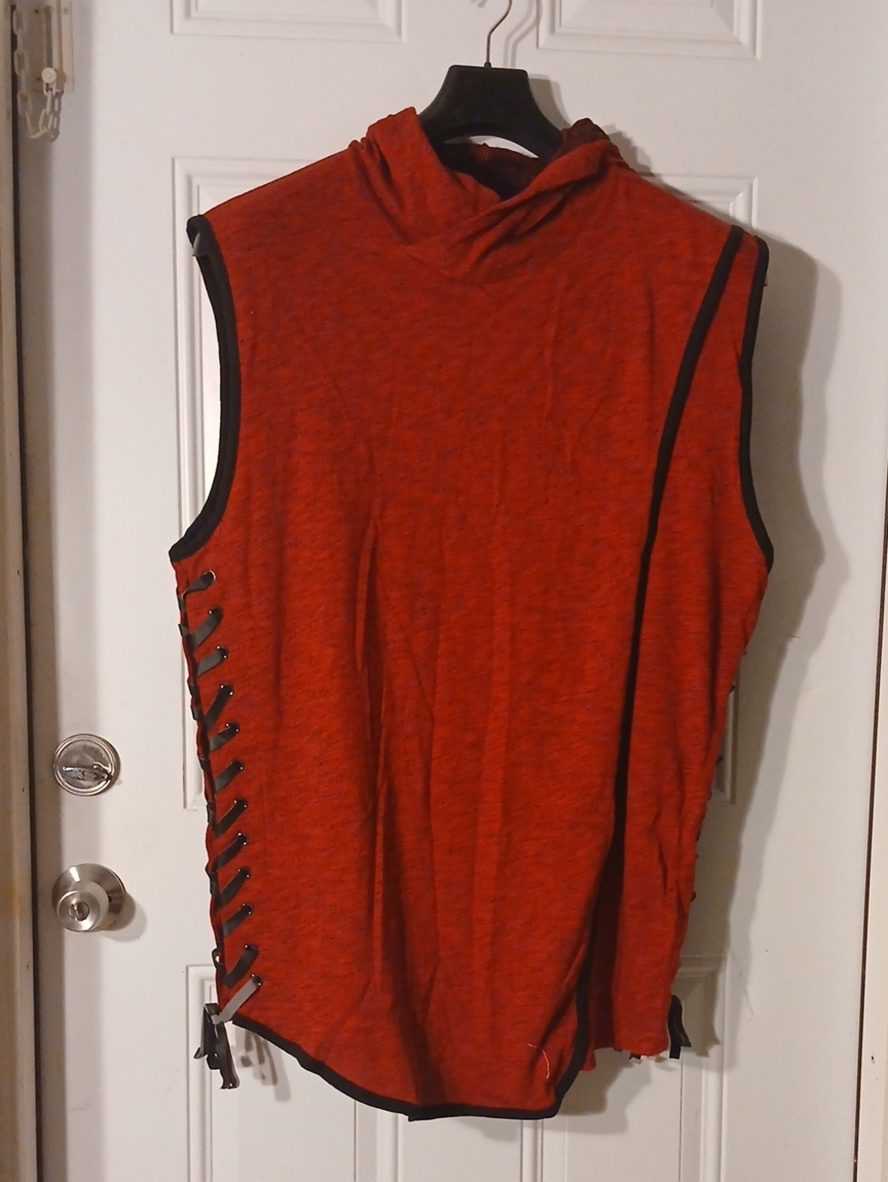 Sleeveless Women's Red Hooded Knit Top with Side Lace-Up Detail